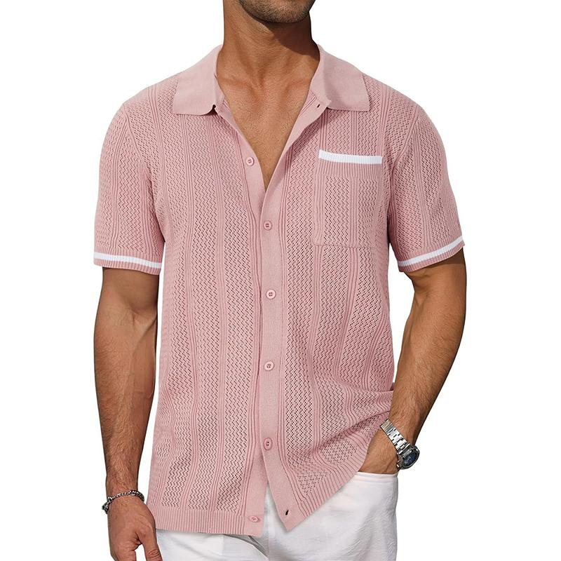 Men's Casual Color Block Lapel Hollow Knitted Shor...