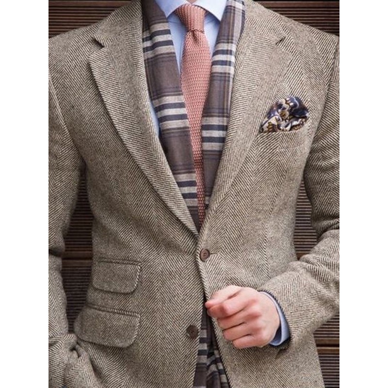 Lapel Multi-Pocket Single-Breasted Vintage Herringbone Blazer 52654611D