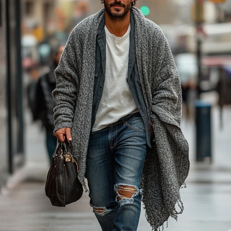 Men's Fashionable Loose Knitted Long Sleeve Casual Shawl Cardigan 37904080Z